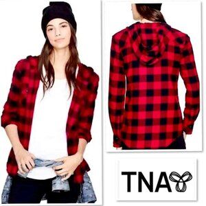 Aritzia TNA Brewster Boyfriend Hooded Buffalo Plaid Flannel Shirt Shaket sz L